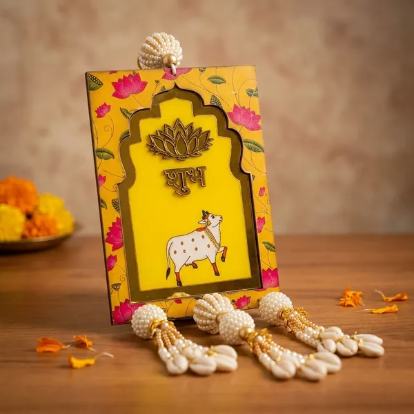 Decorative_Shubh_Labh_Wall_Hanging_With_Cow_Motif_And_Pearl_Tassels_Size-10_inches_Set_Of_2_-_Yellow