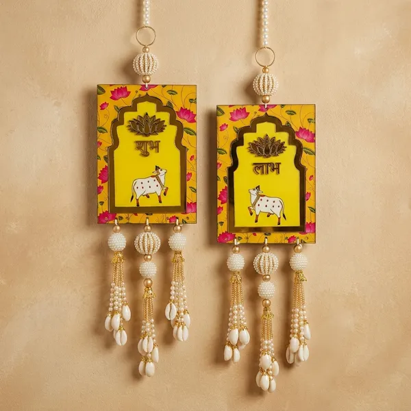 Decorative_Shubh_Labh_Wall_Hanging_With_Cow_Motif_And_Pearl_Tassels_Size-10_inches_Set_Of_2_-_Yellow