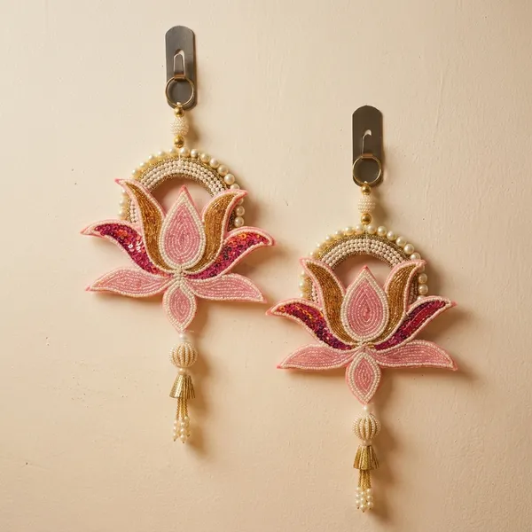 Handcrafted_Beaded_Lotus_Shubh_Labh_Wall_Hanging_Set_Set_Of_2_Size-10_Inches