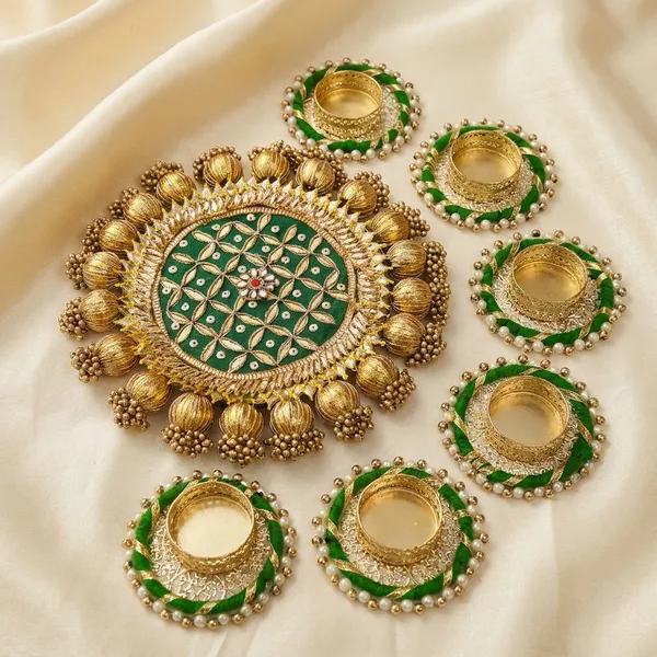 Traditional_Green_And_Gold_Decorative_Diya_Rangoli_Set_With_Floral_Design_-8__Inches,Set_Of_7