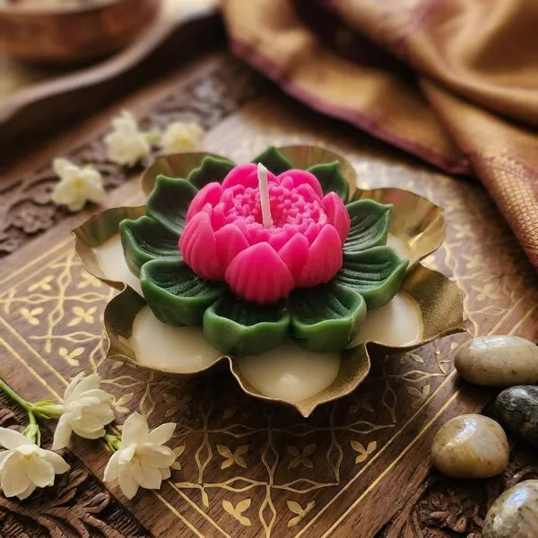 Decorative_Lotus_Candle_With_Golden_Brass_Urn_And_Incense_Burner