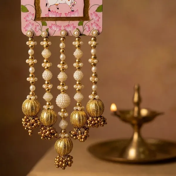 Shubh_Labh_Decorative_Door_Hanging_With_Cow_Motif_And_Beaded_Tassels_Set_Of_2_-_Pink_Size_-12_inches