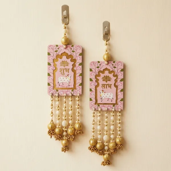 Shubh_Labh_Decorative_Door_Hanging_With_Cow_Motif_And_Beaded_Tassels_Set_Of_2_-_Pink_Size_-12_inches
