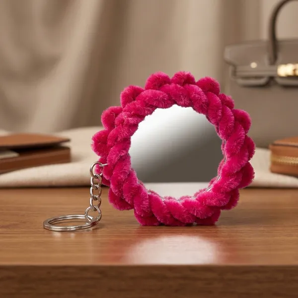 Handcrafted_Pink_Flower_Keychain_With_Pom-Pom_Border
