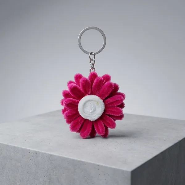 Handcrafted_Pink_Flower_Keychain_With_Pom-Pom_Border
