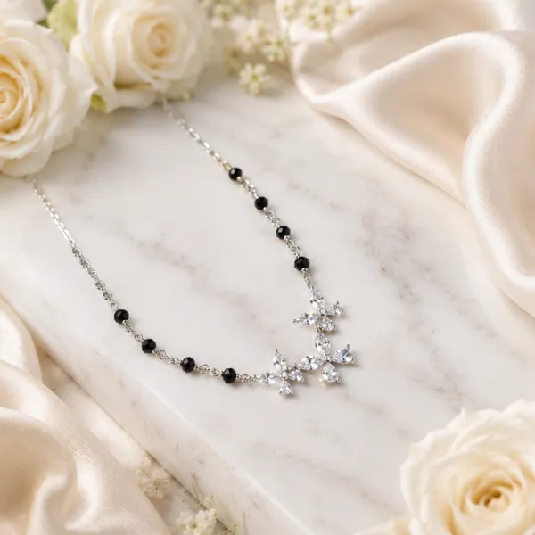 Silver_Tone_Black_Beaded_Floral_Pendant_Necklace