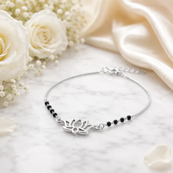 Silver_Lotus_Black_Beaded_Bracelet_For_Women