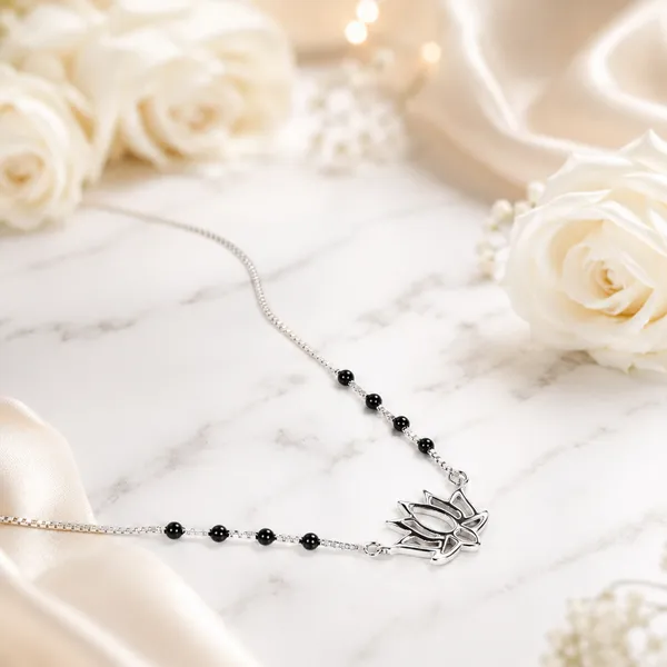 Silver_Tone_Black_Beaded_Lotus_Pendant_Necklace_For_Women