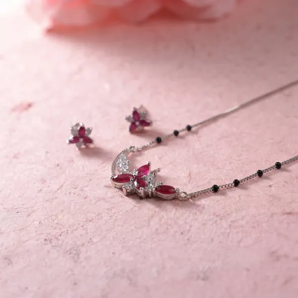 Silver-Tone_Pink_Stone_Necklace_And_Earrings_Set_For_Women