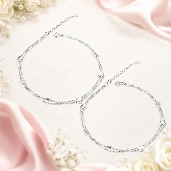 Silver-Tone_Double_Chain_Heart_Charm_Anklet_For_Women