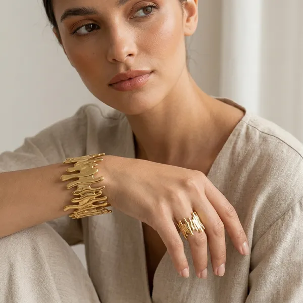 Gold_Toned_Abstract_Geometric_Ring_and_Bangle_cuff_(Adjustable)