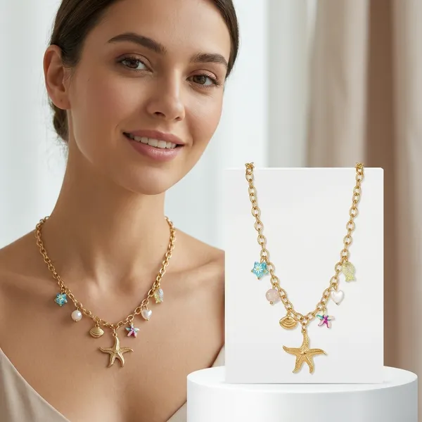 Gold_Tone_Starfish_Charm_Necklace_With_Colorful_Beads