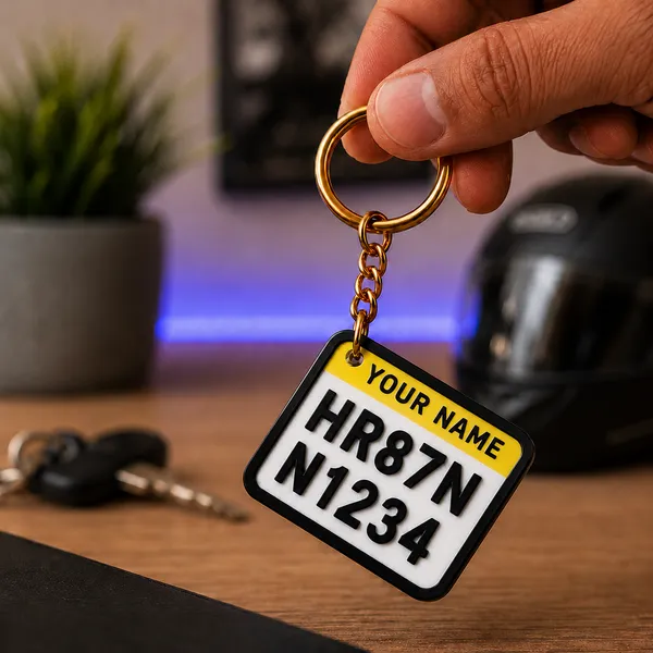 White_And_Yellow_Bike_Number_Plate_Personalized_Keychain
