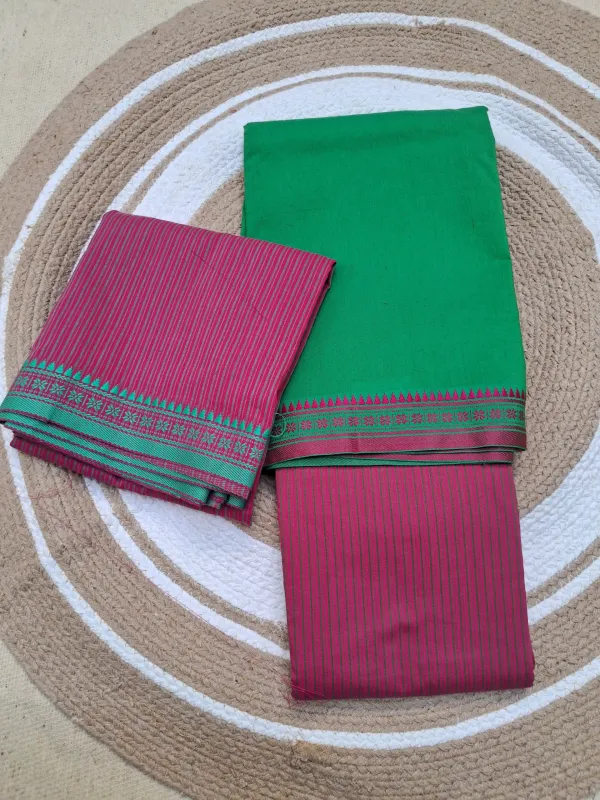 Green_And_Pink_Plain_Puneri_Cotton_Dress_Material_For_Women