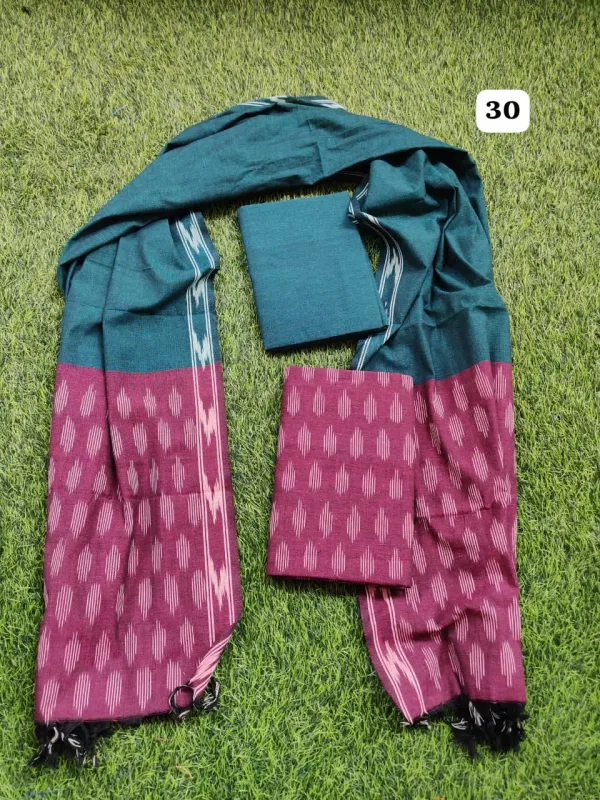 Green_And_Wine_Ikkat_Handloom_Cotton_Dress_Material_With_Dupatta_For_Women