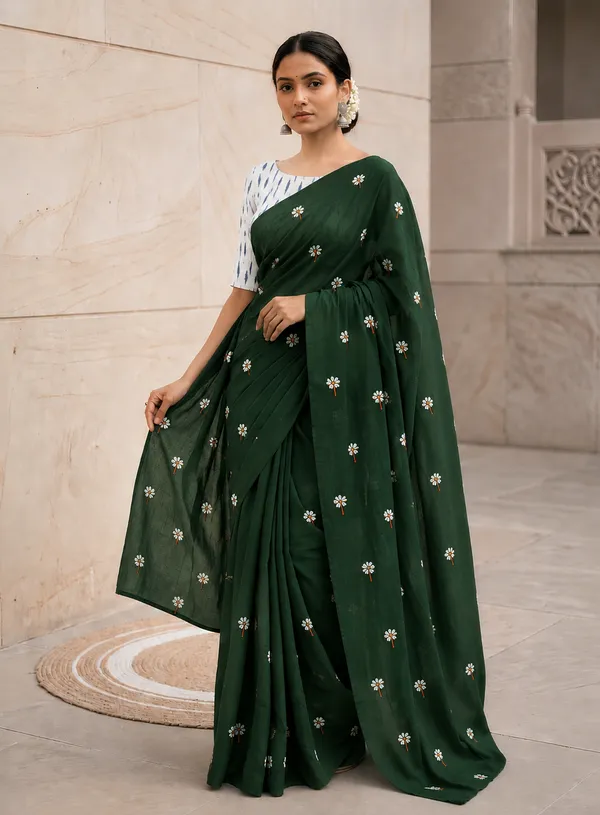 Bottle_Green_Parijatak_Khadi_Cotton_Saree