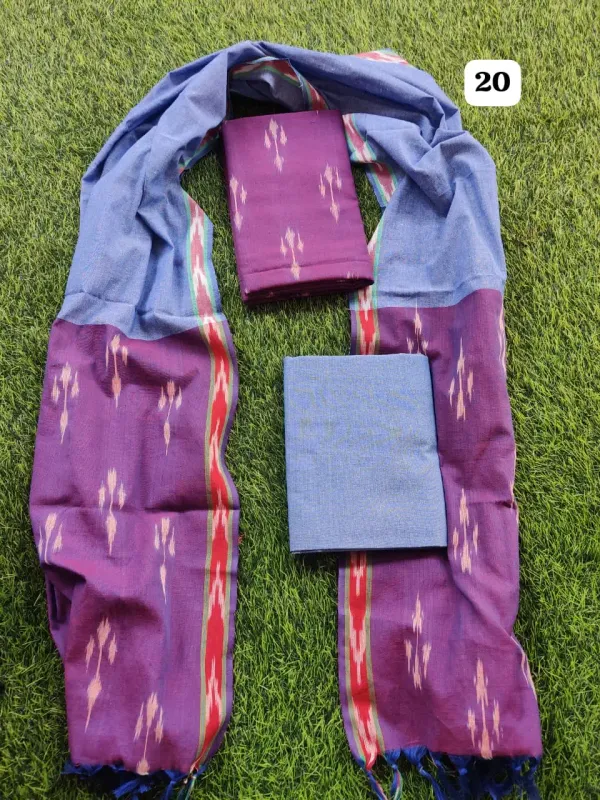 Purple_And_Blue_Ikkat_Handloom_Cotton_Dress_Material_With_Dupatta_For_Women