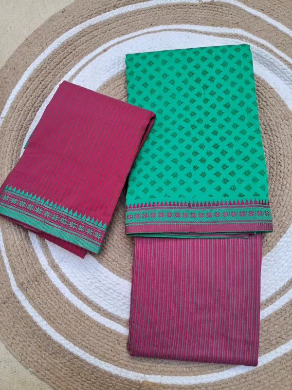 Teal_Green_And_Pink_Printed_Puneri_Cotton_Dress_Material_For_Women