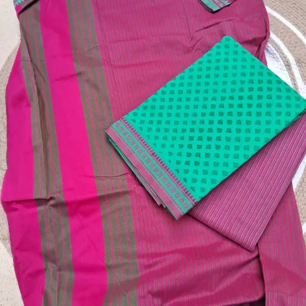 Teal_Green_And_Pink_Printed_Puneri_Cotton_Dress_Material_For_Women