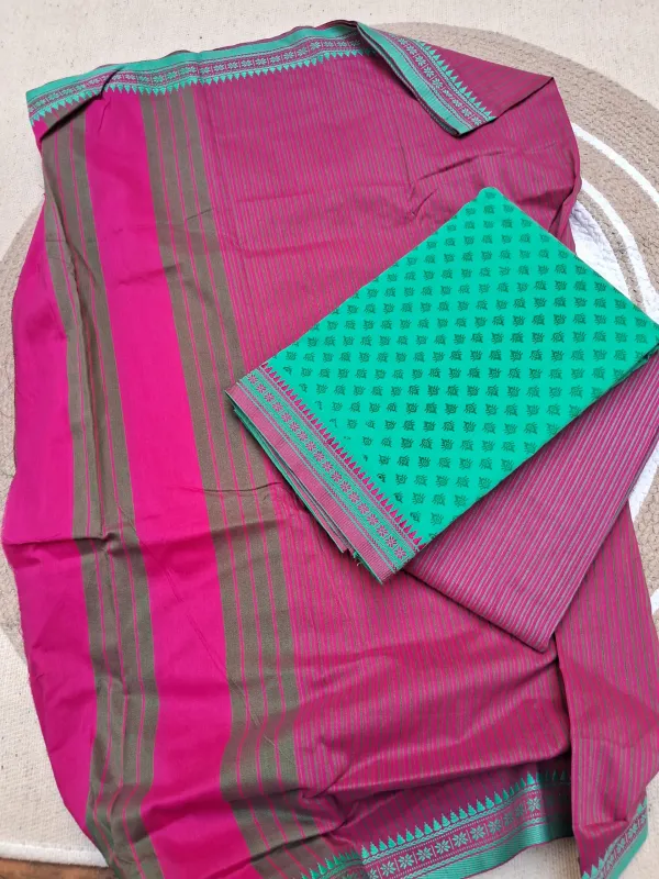 Teal_Green_And_Pink_Printed_Puneri_Cotton_Dress_Material_For_Women