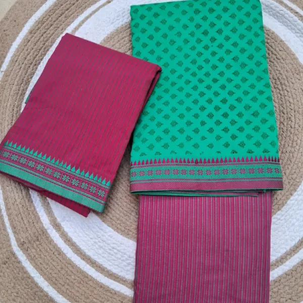 Teal_Green_And_Pink_Printed_Puneri_Cotton_Dress_Material_For_Women