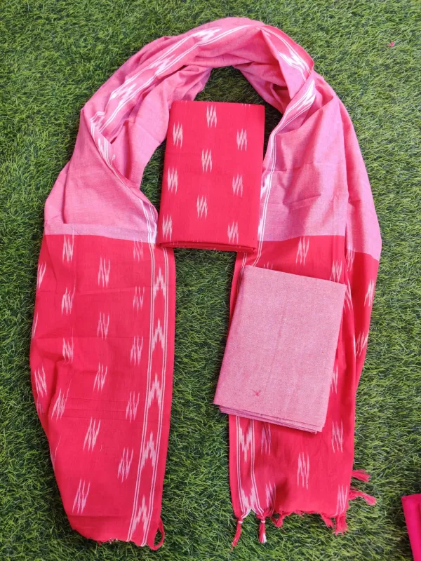 Peach_Red_Ikkat_Handloom_Cotton_Dress_Material_With_Dupatta_For_Women