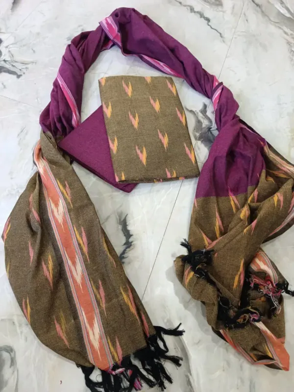 Earthy_Olive_Green_And_Wine_Ikkat_Handloom_Cotton_Dress_Material_With_Dupatta_For_Women