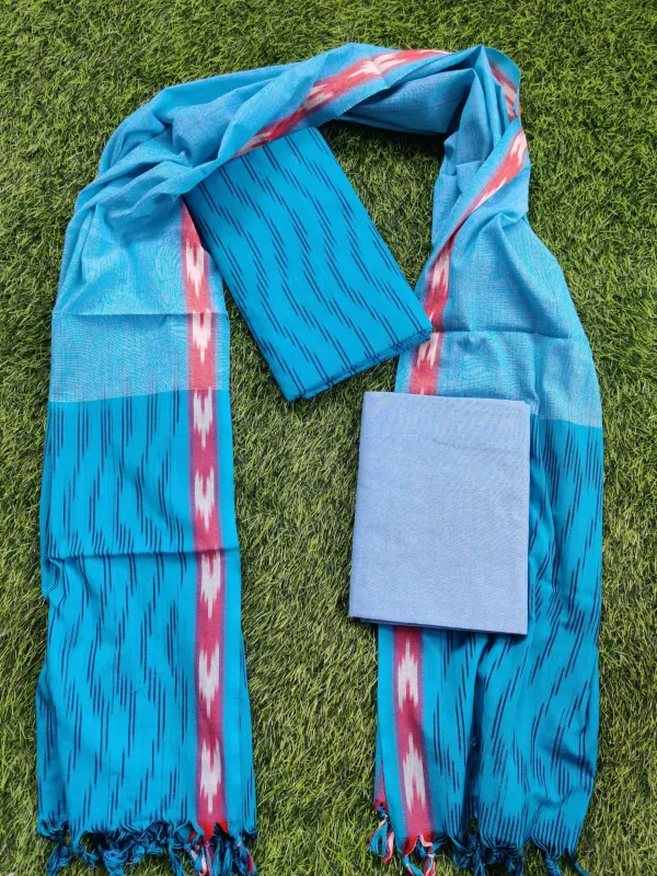 Sky_Blue_Ikkat_Handloom_Cotton_Dress_Material_With_Dupatta_For_Women