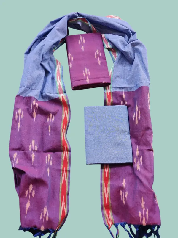 Purple_And_Blue_Ikkat_Handloom_Cotton_Dress_Material_With_Dupatta_For_Women