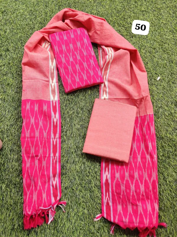 Coral_Pink_Ikkat_Handloom_Cotton_Dress_Material_With_Dupatta_For_Women