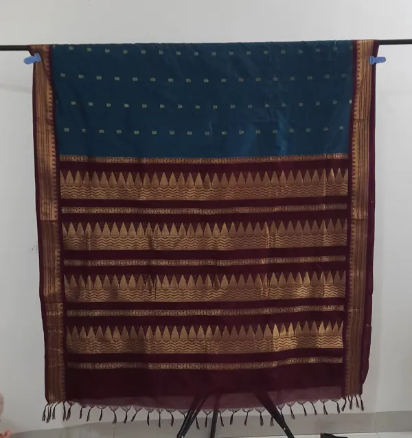 Peacock_Blue_Gadwal_Cotton_Silk_Saree_For_Women