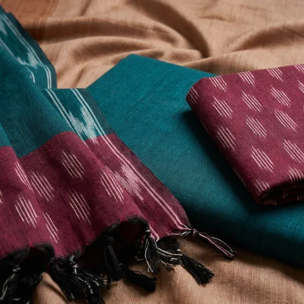 Green_And_Wine_Ikkat_Handloom_Cotton_Dress_Material_With_Dupatta_For_Women