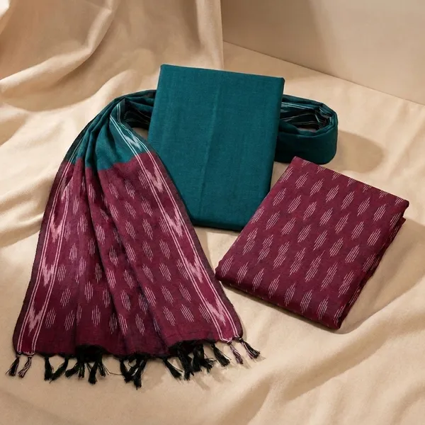 Green_And_Wine_Ikkat_Handloom_Cotton_Dress_Material_With_Dupatta_For_Women