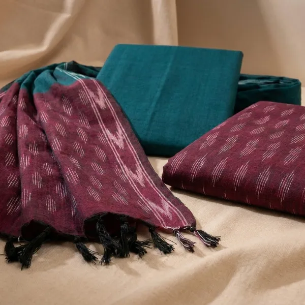 Green_And_Wine_Ikkat_Handloom_Cotton_Dress_Material_With_Dupatta_For_Women