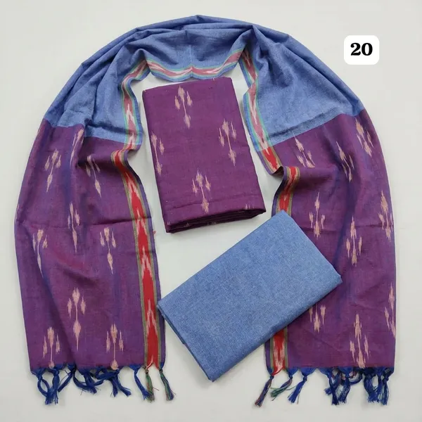 Purple_And_Blue_Ikkat_Handloom_Cotton_Dress_Material_With_Dupatta_For_Women