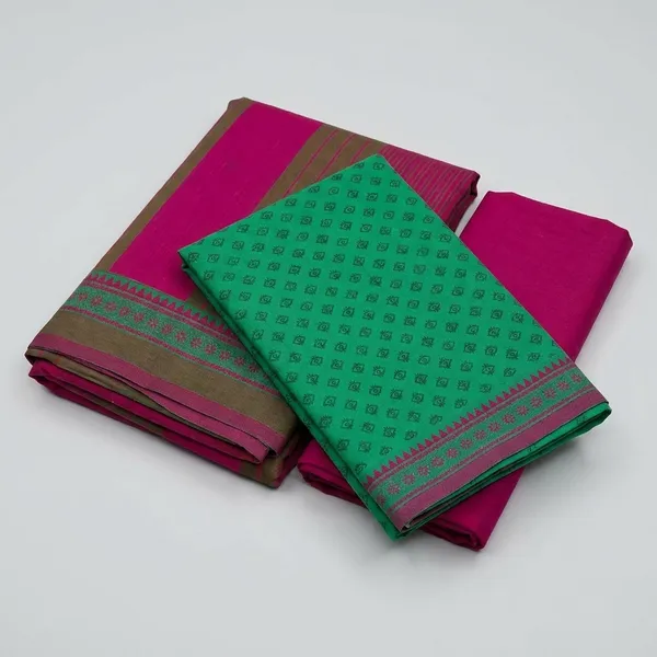 Teal_Green_And_Pink_Printed_Puneri_Cotton_Dress_Material_For_Women