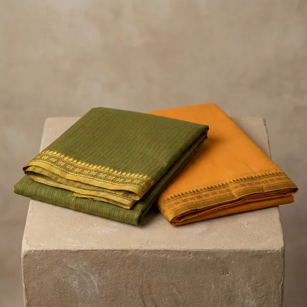 Yellow_And_Green_Plain_Puneri_Cotton_Dress_Material_For_Women