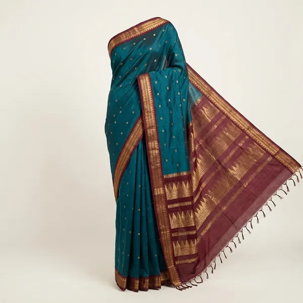 Peacock_Blue_Gadwal_Cotton_Silk_Saree_For_Women