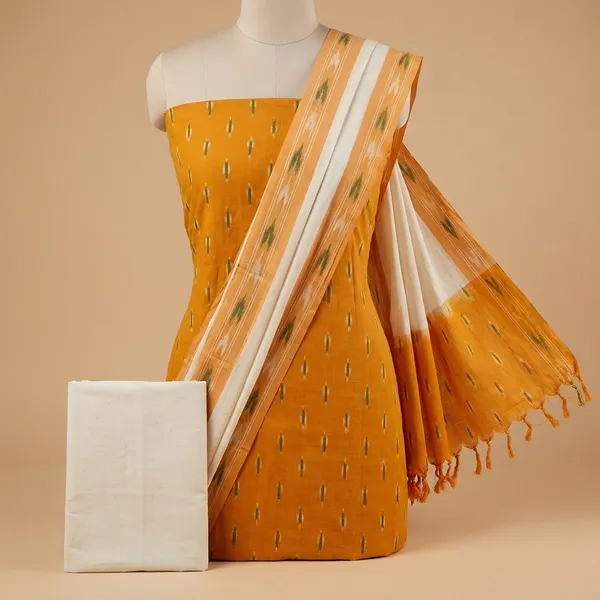 Golden_Yellow_Ikkat_Handloom_Cotton_Dress_Material_With_Dupatta_For_Women