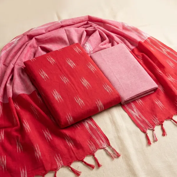 Peach_Red_Ikkat_Handloom_Cotton_Dress_Material_With_Dupatta_For_Women