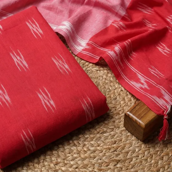 Peach_Red_Ikkat_Handloom_Cotton_Dress_Material_With_Dupatta_For_Women