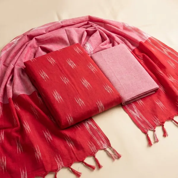 Peach_Red_Ikkat_Handloom_Cotton_Dress_Material_With_Dupatta_For_Women