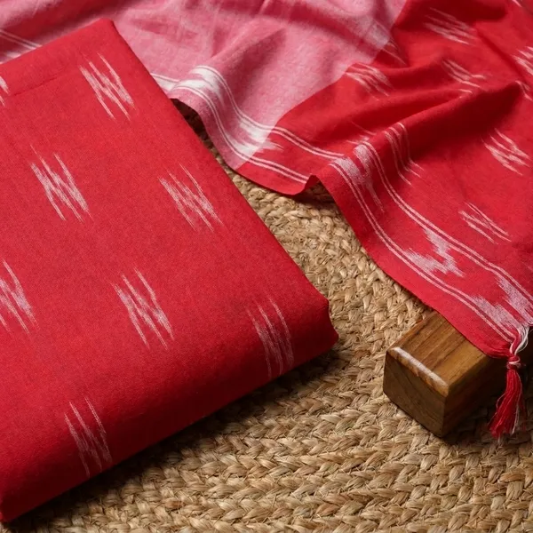 Peach_Red_Ikkat_Handloom_Cotton_Dress_Material_With_Dupatta_For_Women