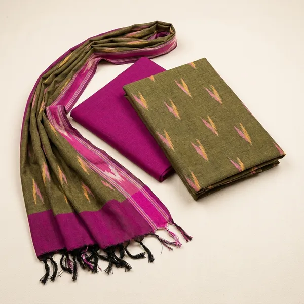 Earthy_Olive_Green_And_Wine_Ikkat_Handloom_Cotton_Dress_Material_With_Dupatta_For_Women