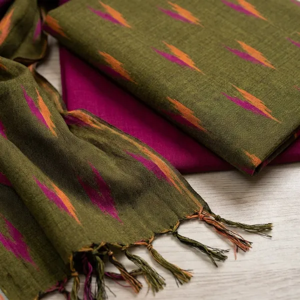 Earthy_Olive_Green_And_Wine_Ikkat_Handloom_Cotton_Dress_Material_With_Dupatta_For_Women