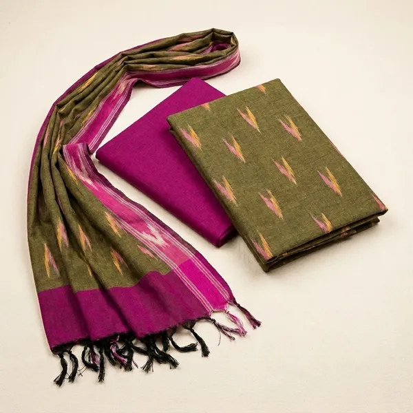 Earthy_Olive_Green_And_Wine_Ikkat_Handloom_Cotton_Dress_Material_With_Dupatta_For_Women