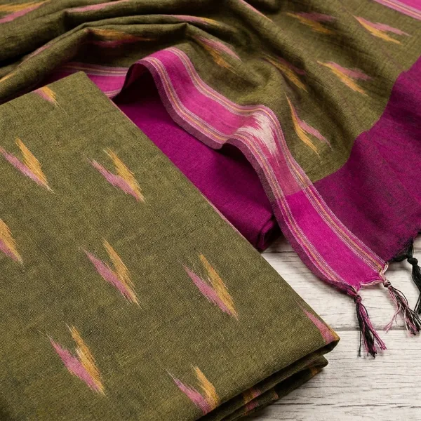 Earthy_Olive_Green_And_Wine_Ikkat_Handloom_Cotton_Dress_Material_With_Dupatta_For_Women