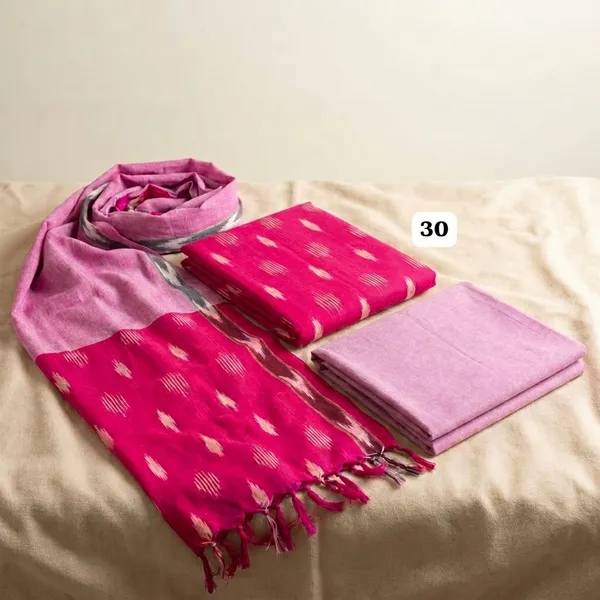 Pink_Ikkat_Handloom_Cotton_Dress_Material_With_Dupatta_For_Women