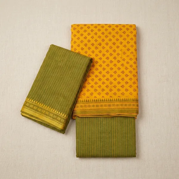 Yellow_And_Green_Printed_Puneri_Cotton_Dress_Material_For_Women