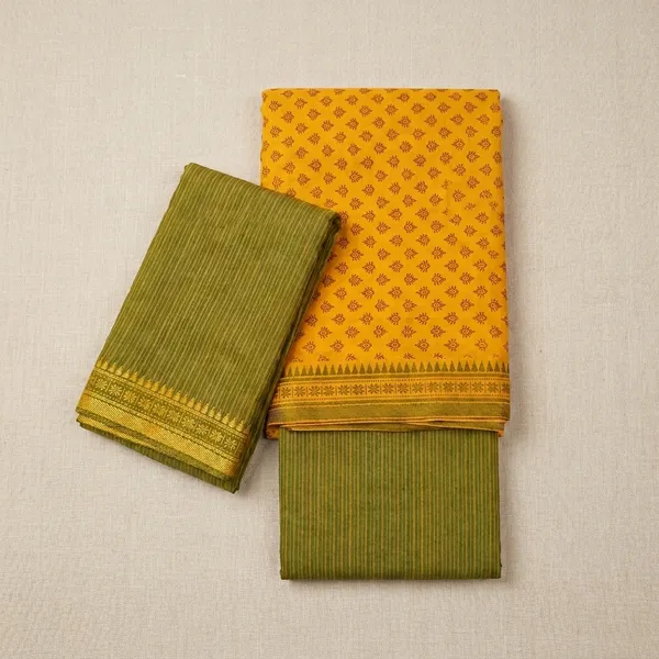 Yellow_And_Green_Printed_Puneri_Cotton_Dress_Material_For_Women